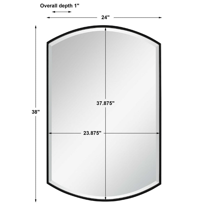 Black shield-shaped iron wall mirror by Uttermost with a bold, modern design and a sleek black finish.