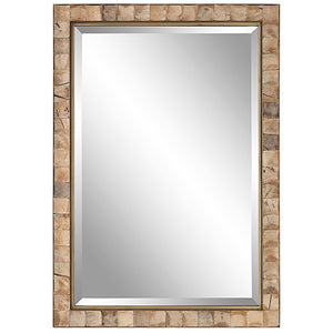 Light brown coconut shell accent mirror by Uttermost featuring a round, textured coconut shell frame for natural decor.