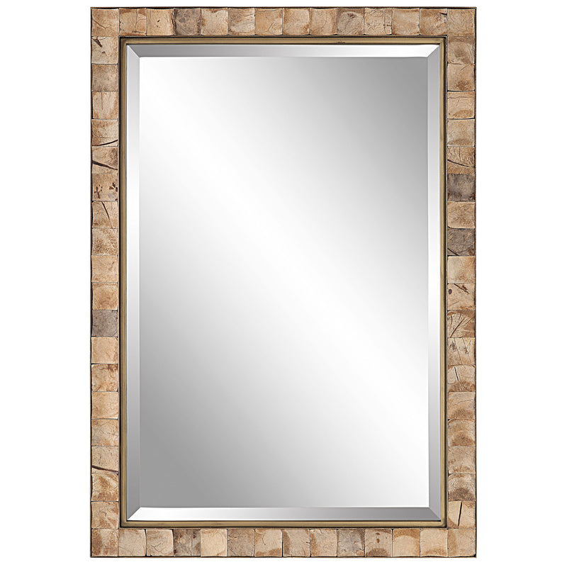 Light brown coconut shell accent mirror by Uttermost featuring a round, textured coconut shell frame for natural decor.