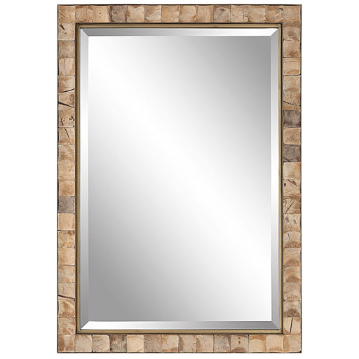 Light brown coconut shell accent mirror by Uttermost featuring a round, textured coconut shell frame for natural decor.