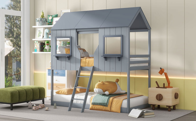 Twin Over Twin Bunk Bed With Roof, Window, Guardrail, Ladder - R&R Furniture Gallery (Fountain Valley, CA)