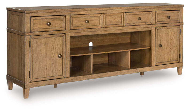Sharlance - XL TV Stand With Fireplace Option - Light Brown - R&R Furniture Gallery (Fountain Valley, CA)