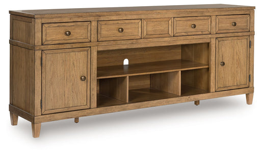 Sharlance - XL TV Stand With Fireplace Option - Light Brown - R&R Furniture Gallery (Fountain Valley, CA)