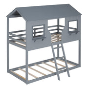 Twin Over Twin Bunk Bed With Roof, Window, Guardrail, Ladder - R&R Furniture Gallery (Fountain Valley, CA)