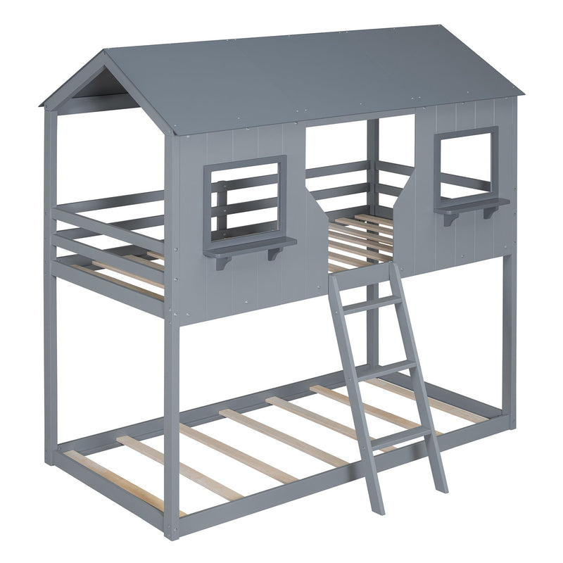 Twin Over Twin Bunk Bed With Roof, Window, Guardrail, Ladder - R&R Furniture Gallery (Fountain Valley, CA)