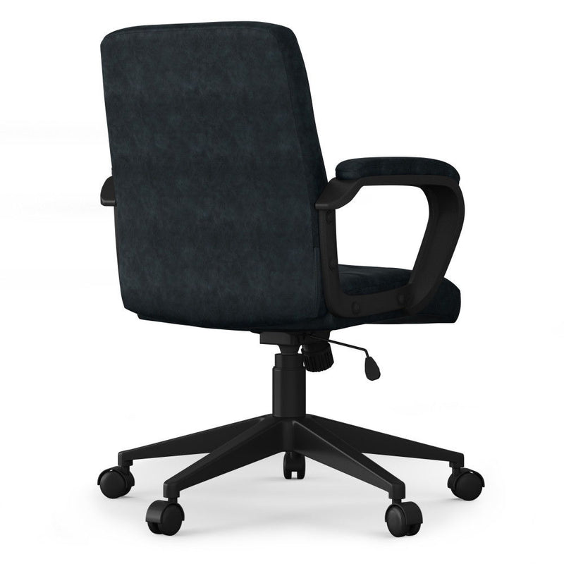 Simpli-Home distressed blue swivel office chair with cushioned seat and backrest, adjustable height, and five-wheel base.