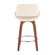 Lumi Source Fabrico mid-century modern counter stool set with fixed height, round footrest, featuring sleek wooden legs and upholstered seats.