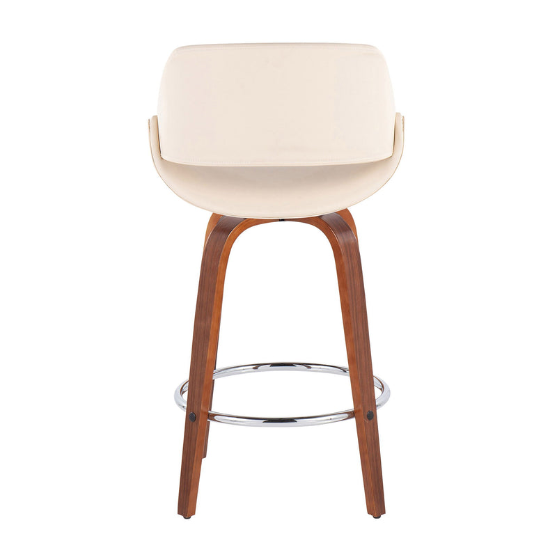 Lumi Source Fabrico mid-century modern counter stool set with fixed height, round footrest, featuring sleek wooden legs and upholstered seats.