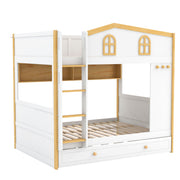 Dreamland white and natural full over full bunk bed with built-in storage shelves and trundle, showcasing sturdy wood construction.