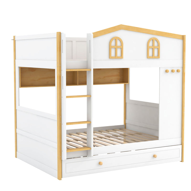 Dreamland white and natural full over full bunk bed with built-in storage shelves and trundle, showcasing sturdy wood construction.