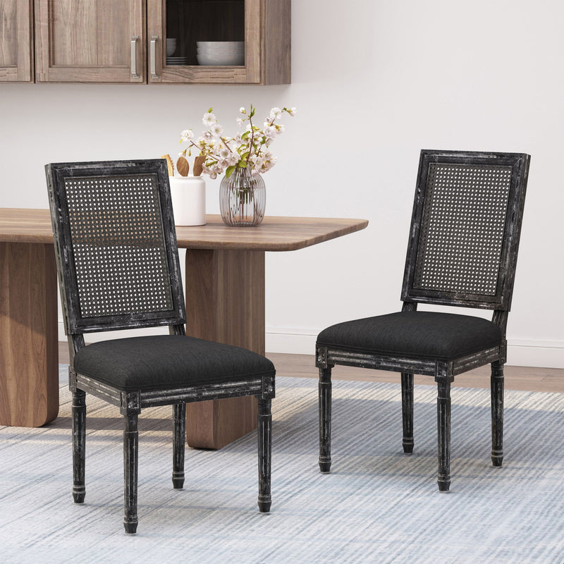 French Country Dining Chair With Rectangular Cane Backrest And Smooth Upholstered Seating - R&R Furniture Gallery (Fountain Valley, CA)