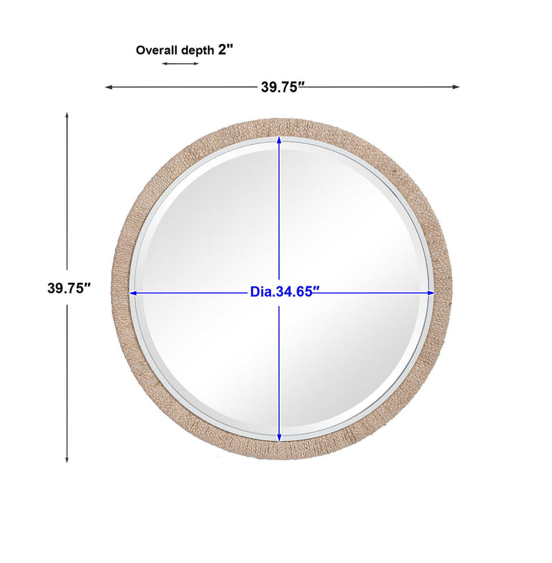 Light brown round rope wall mirror by Uttermost, featuring a textured rope frame and clear reflective glass.