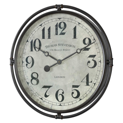 Nakul industrial wall clock by Uttermost with a Pearl Silver finish, featuring a round shape and vintage-inspired design.