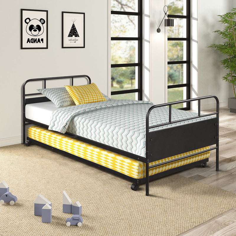 Twin Size Daybed Platform Bed Frame With Trundle Built In Casters - Black - R&R Furniture Gallery (Fountain Valley, CA)