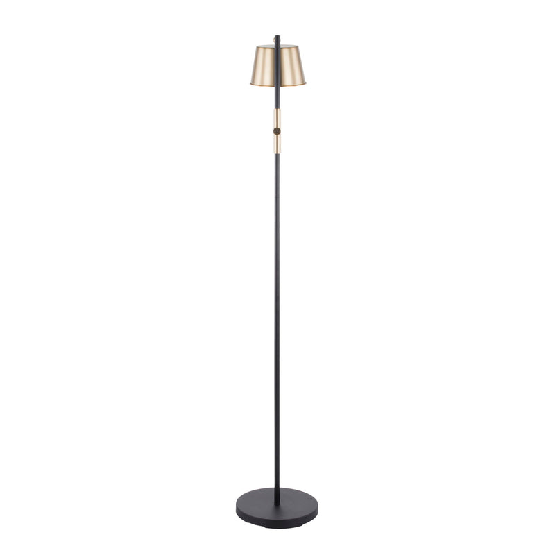 Lumi Source Metric industrial floor lamp in black with antique brass accents, featuring a tall, adjustable design and metal construction.