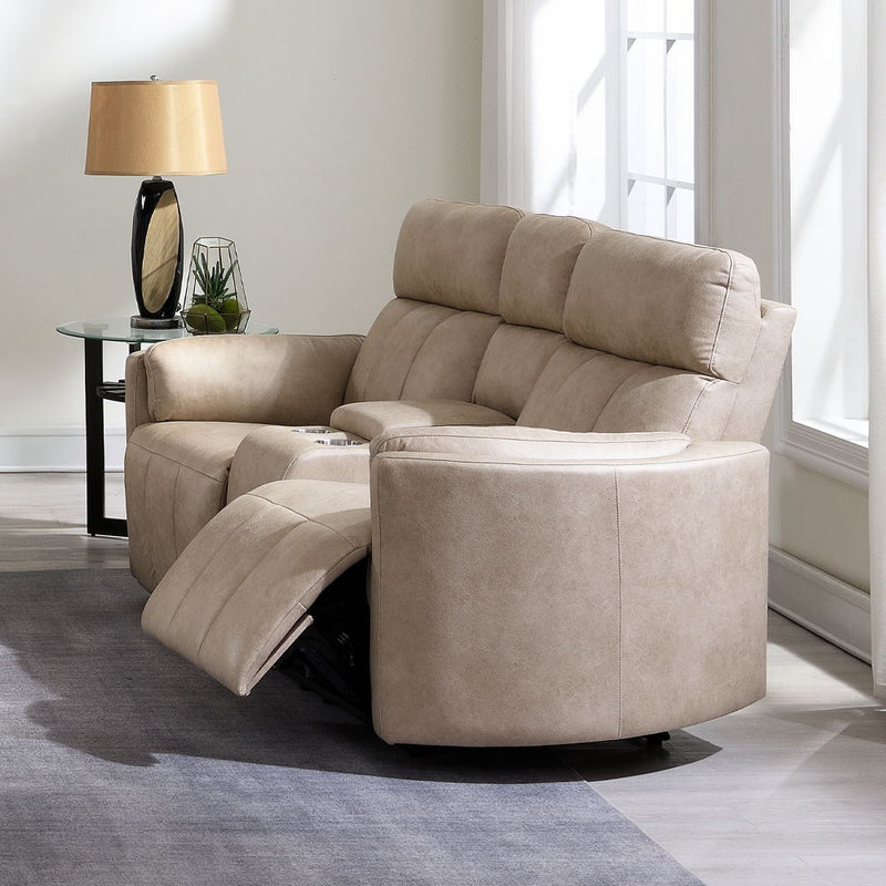 Elison - Motion Loveseat With Console - Dark Beige Polish Microfiber - R&R Furniture Gallery (Fountain Valley, CA)