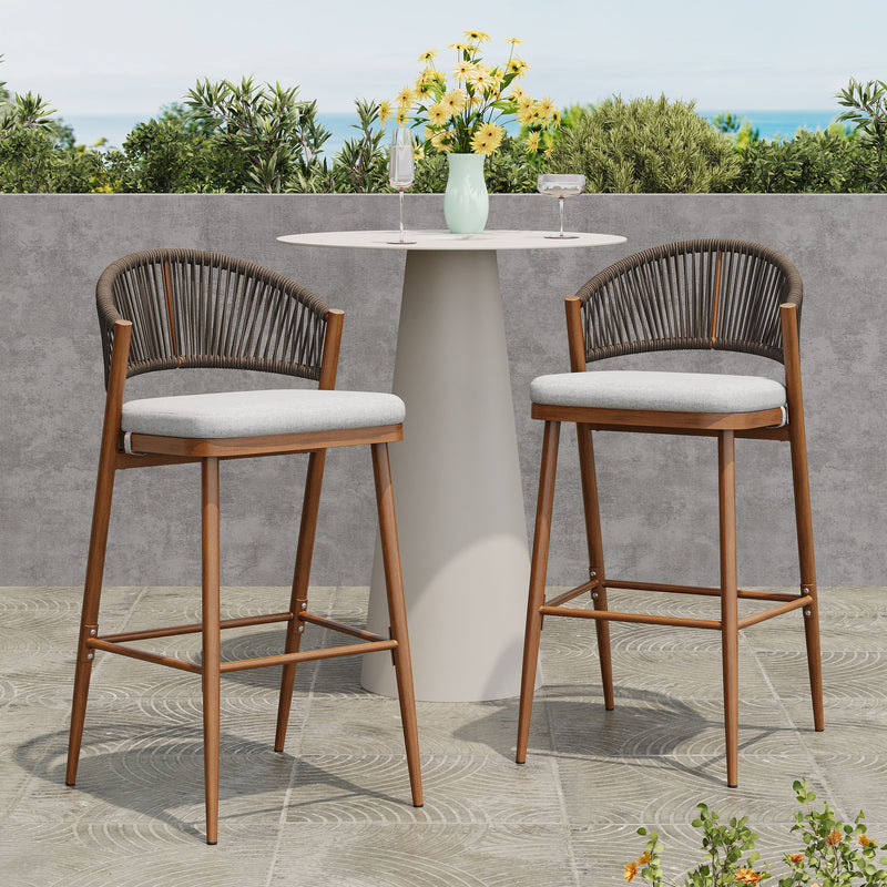Outdoor Bar Height Metal Frame Counter Stools With Scallop Shaped Backrest & Water Resistant Cushions - R&R Furniture Gallery (Fountain Valley, CA)