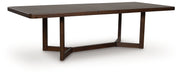 Rectangular dark brown dining table with extension leaves from Signature Design by Ashley, ideal for versatile dining room setups.