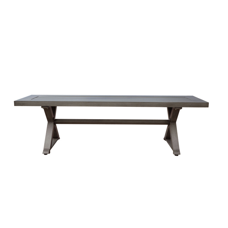 Dark gray aluminum outdoor dining bench with X base by Noble House, showcasing a sleek modern design and sturdy construction.