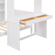 DreamHaus loft bed with attached stand-alone bed, shelves, desk, and wardrobe for efficient space-saving bedroom setup.