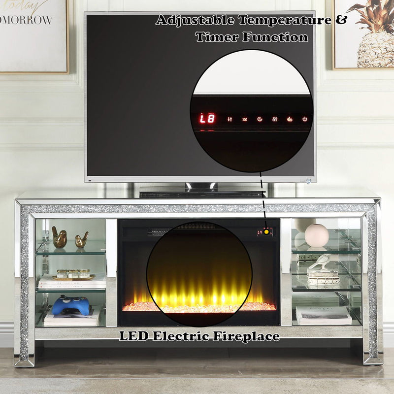 Noralie - 28" TV Stand With Fireplace & LED - Mirrored & Faux Diamonds - R&R Furniture Gallery (Fountain Valley, CA)