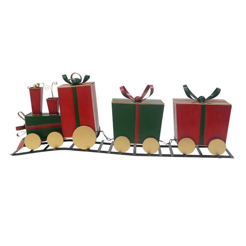 Red Christmas festive train decor with gift-shaped carriages by Noble House, perfect for holiday decoration.