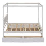 DreamHaus canopy platform bed with built-in drawers, support slats, and no box spring needed in a modern bedroom setting.