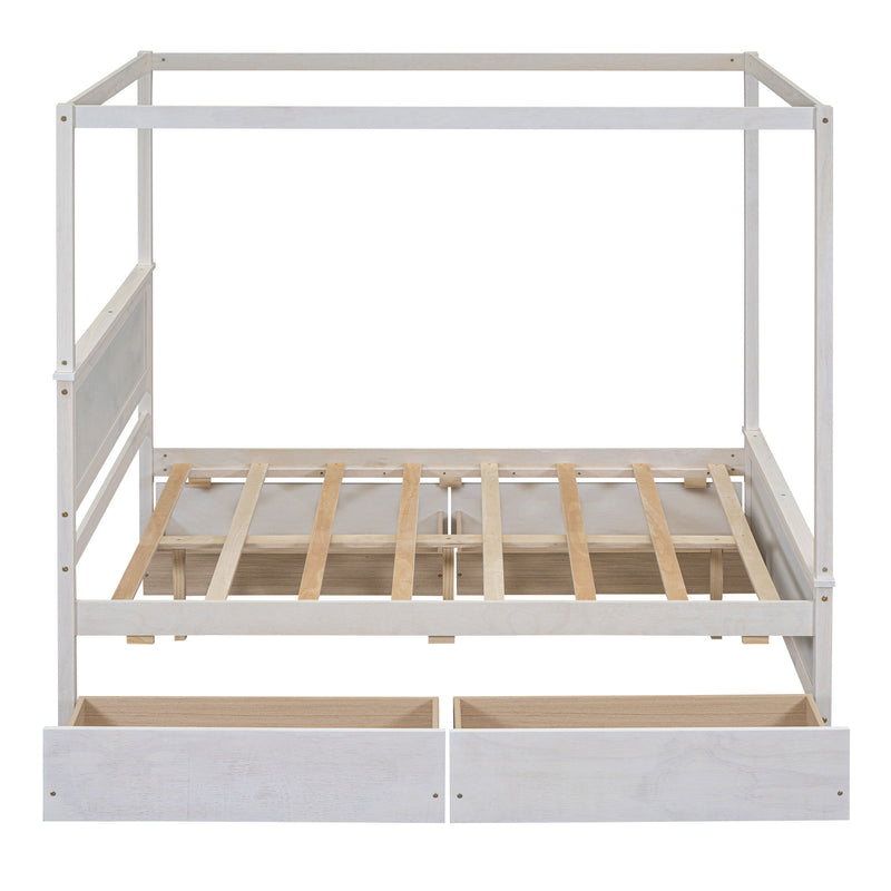 DreamHaus canopy platform bed with built-in drawers, support slats, and no box spring needed in a modern bedroom setting.