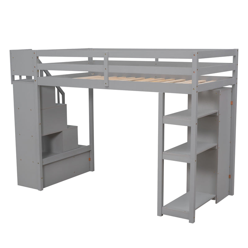 DreamHaus loft bed with integrated storage drawers, stairs with shelves, and a sturdy wooden frame for space-saving bedroom decor.
