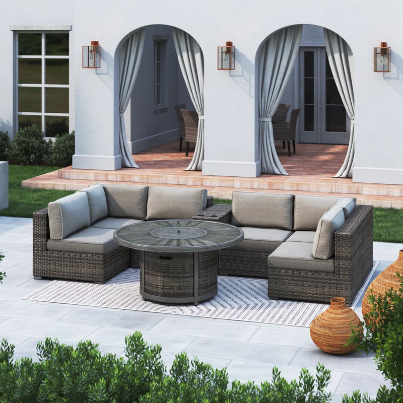 All Weather 4 Person Patio Sofa Set With Fire Pit And Side Table Rustproof - Brown - R&R Furniture Gallery (Fountain Valley, CA)