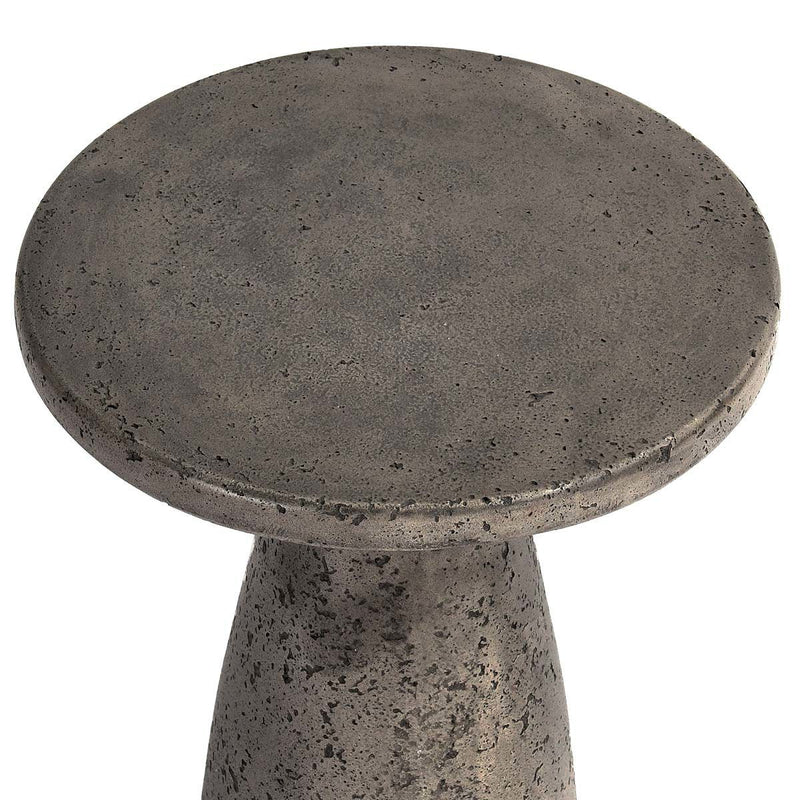 Classic Home Collins outdoor accent end table with a round top and metal frame, ideal for patio or garden decor.
