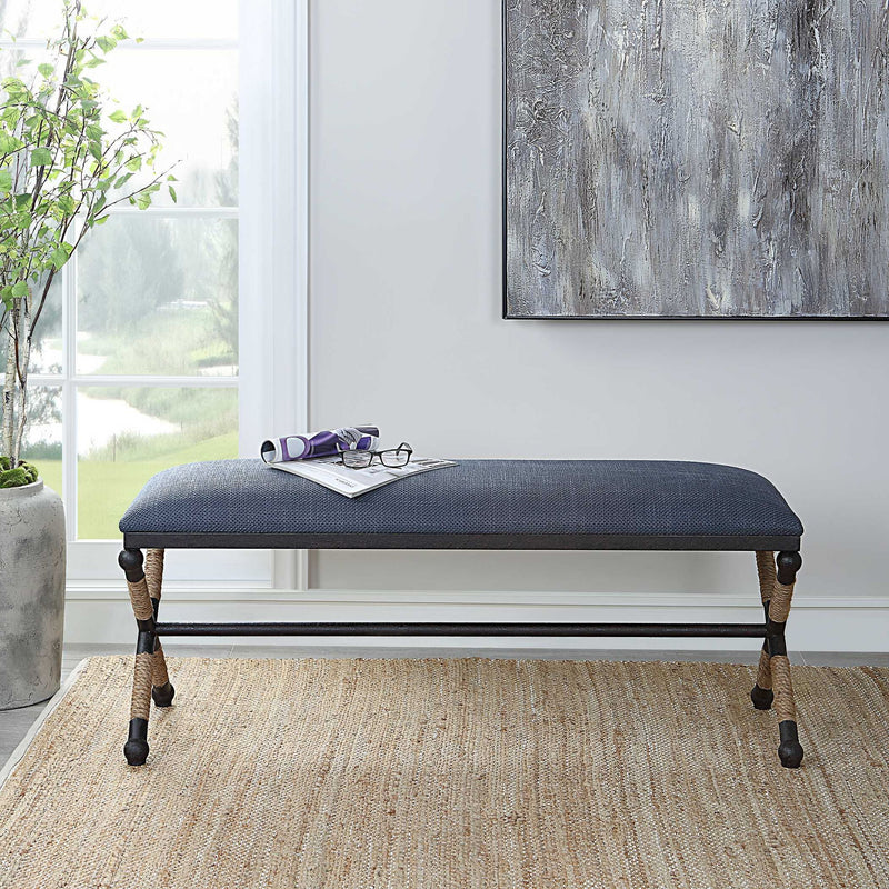 Uttermost Firth accent bench with wooden seat and metal legs, ideal for entryways or living rooms.