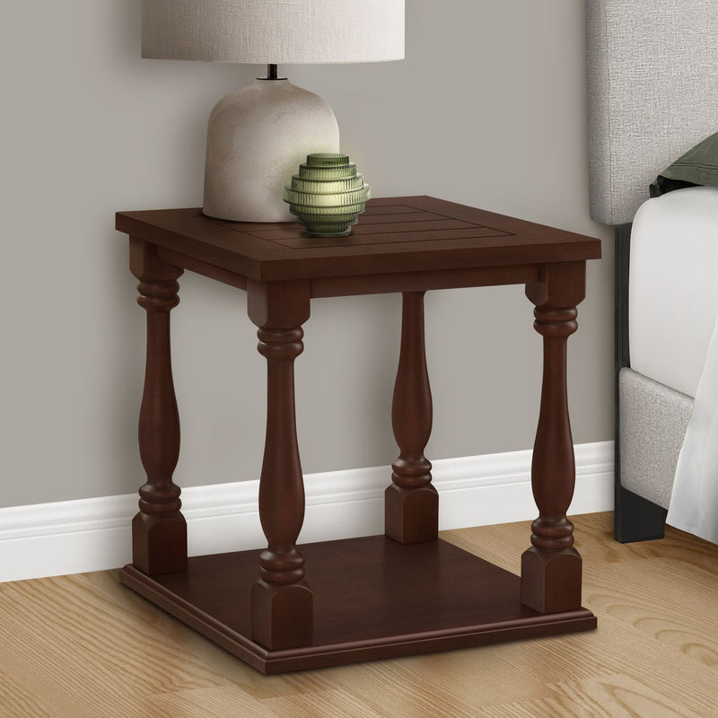 Square traditional 2-tier accent table in espresso finish by 8th Street, showing its elegant design and wooden surface.