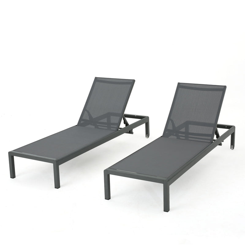 Noble House outdoor patio chaise lounge with five reclining positions, featuring cushioned seating and adjustable backrest.
