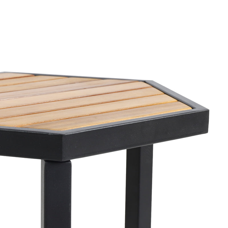 Brown outdoor side table with iron base and slatted top by Noble House, ideal for patio or garden seating areas.
