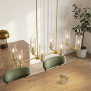 Willow - 8 Lights Island With Clear Ribbed Pendant Lamp Satin - Antique Brass / Clear / Gold - R&R Furniture Gallery (Fountain Valley, CA)