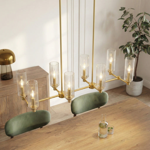 Willow - 8 Lights Island With Clear Ribbed Pendant Lamp Satin - Antique Brass / Clear / Gold - R&R Furniture Gallery (Fountain Valley, CA)