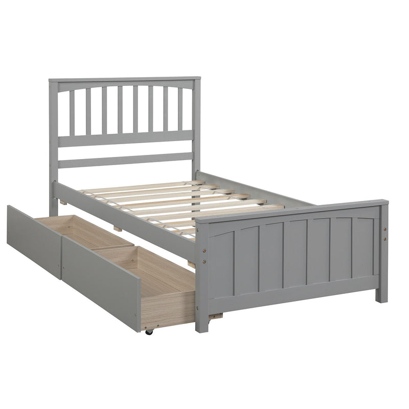DreamHaus platform storage bed with two integrated drawers, showcasing a modern design and sturdy wooden frame.