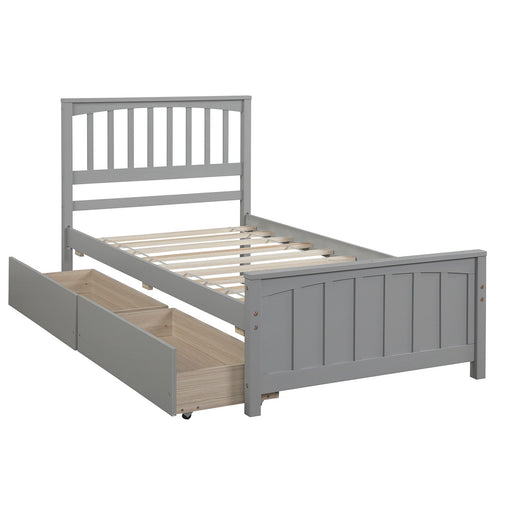 DreamHaus platform storage bed with two integrated drawers, showcasing a modern design and sturdy wooden frame.