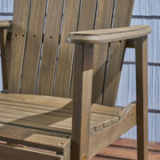 Pair of Noble House outdoor weather-resistant acacia wood Adirondack dining chairs set, featuring wide armrests and slatted backrests.