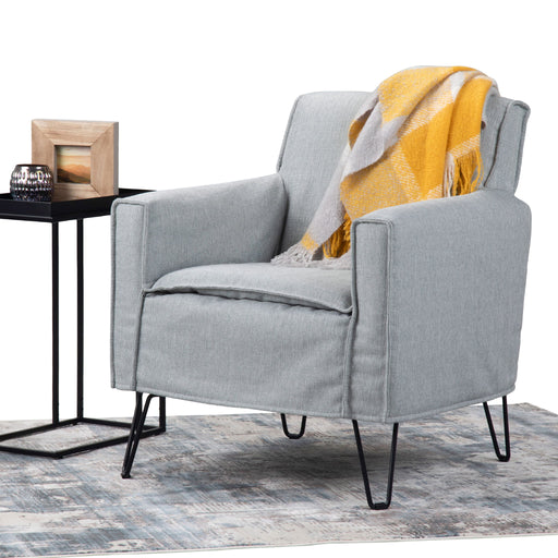 Simpli-Home Warren accent chair with plush upholstery and sleek hairpin metal legs, modern and stylish for living room decor.