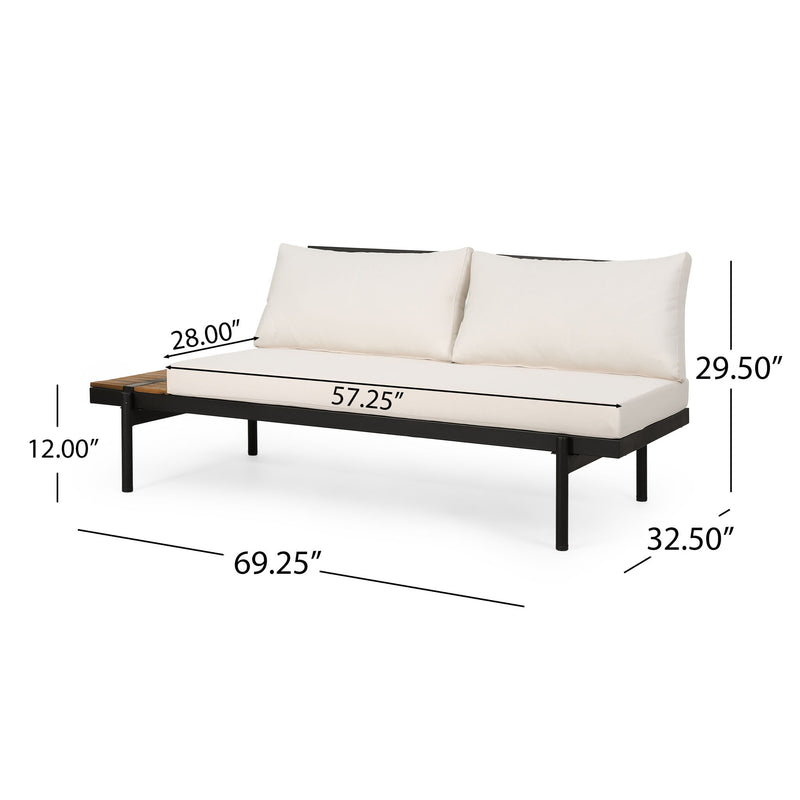 Noble House Theo 2-seater sofa with plush gray fabric and modern design, featuring wide armrests and comfortable cushioning.