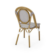 Outdoor rattan and aluminum French bistro chair set by Noble House, showing four stylish, weather-resistant patio chairs.