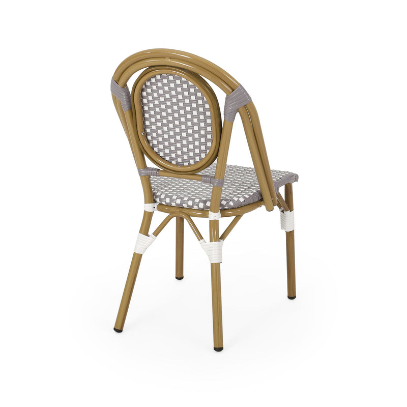 Outdoor rattan and aluminum French bistro chair set by Noble House, showing four stylish, weather-resistant patio chairs.