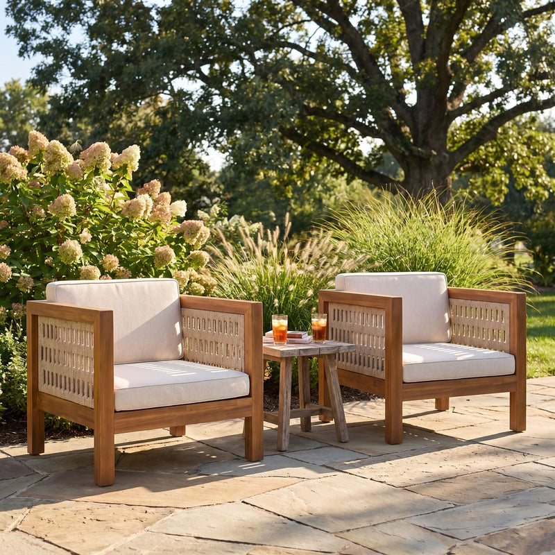 Noble House outdoor club arm chair with rope armrests and plush cushions, perfect for patio or garden seating.