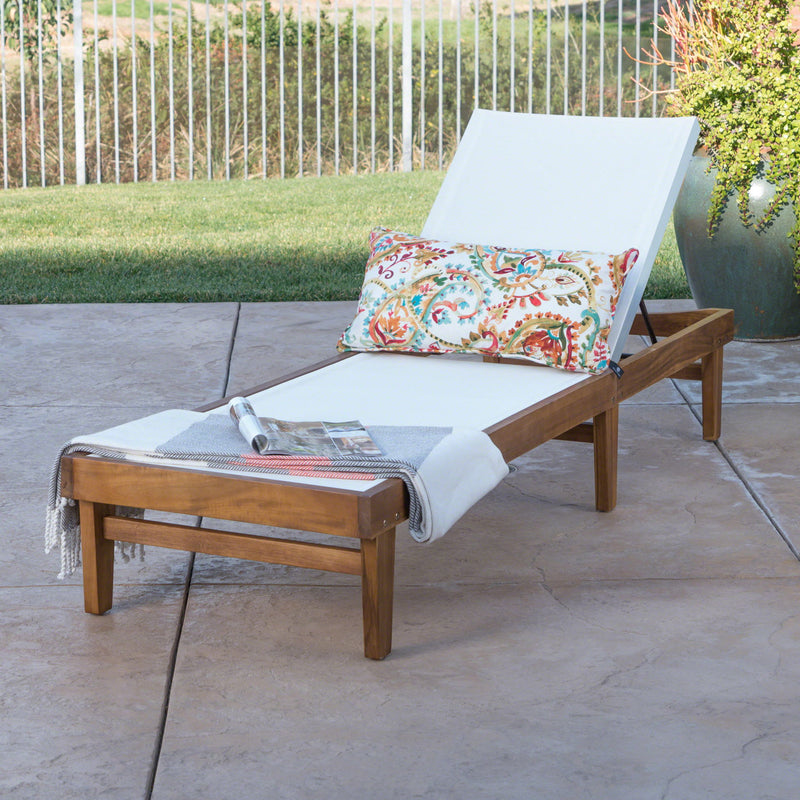 Outdoor Chaise Lounge With Acacia Wood Frame - White / Teak - R&R Furniture Gallery (Fountain Valley, CA)