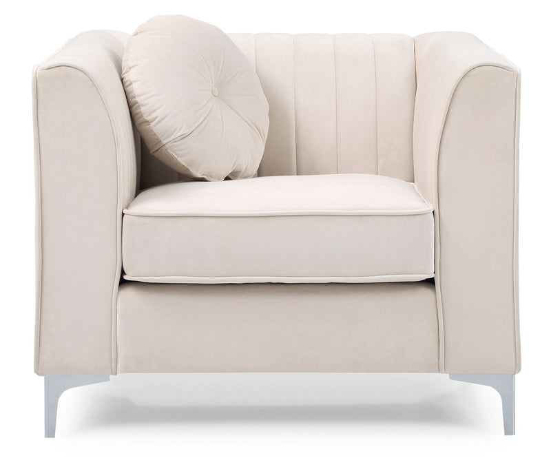Contemporary sloped armchair by Glory Furniture with plush fabric upholstery and sleek modern design.