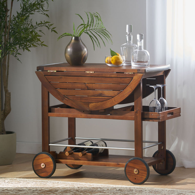 Wood And Aluminum Bar Cart With 2 Shelves - Oak / Silver - R&R Furniture Gallery (Fountain Valley, CA)