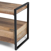 Simpli-Home Riverside TV media stand in natural wood finish with open shelving and storage compartments.