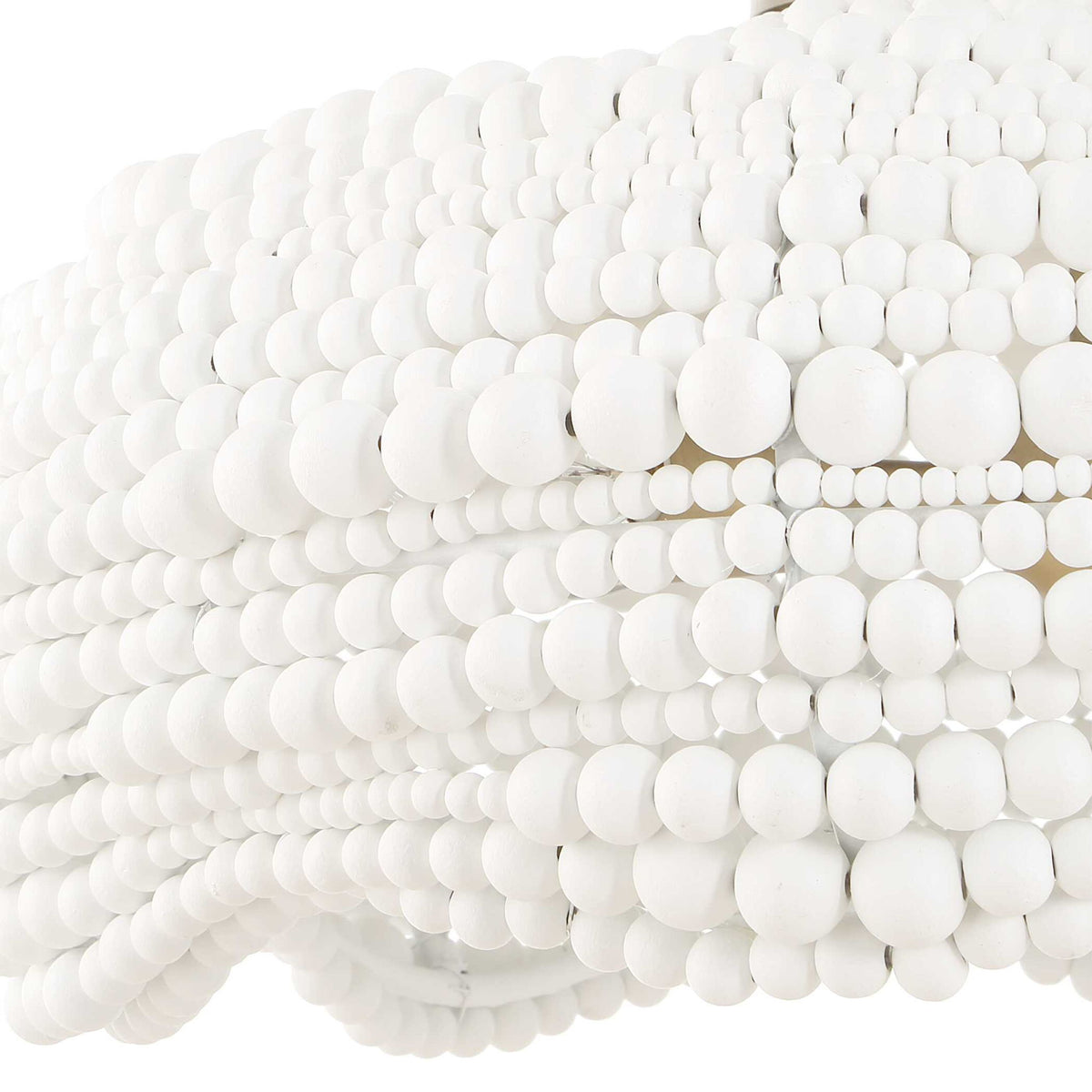 White Biddeford 5-light beaded pendant lighting fixture by Uttermost hanging with beaded detailing and metal accents.